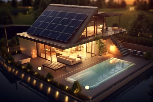 new electric luxury ai house sun modern renewable property eco phone panel power electricity solar energy architecture garden home design mobile. Generative AI.