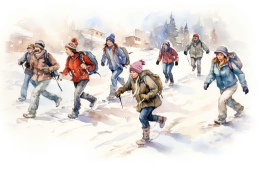 A dynamic portrayal of the exhilarating winter season, featuring individuals engaged in a range of invigorating activities such as skiing, snowboarding, and ice skating.