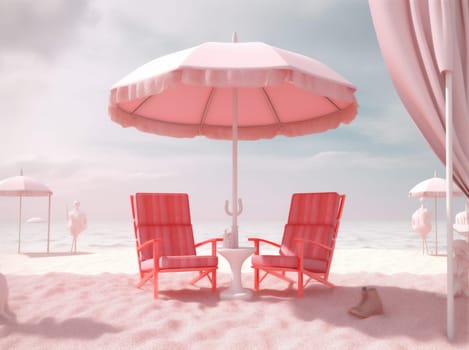 poster summer water travel pink shore blue sand resort holiday colorful ai retro vacation sun goggles parasol tour umbrella chair tourism. Generative AI.