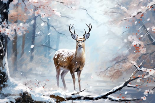 An enchanting winter tableau, showcasing the grace and resilience of wildlife, including deer, birds, and squirrels, in their natural habitats during the frosty season.