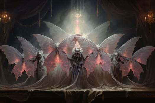 A captivating portrayal of celestial moth guardians, their ethereal presence warding off malevolent spirits with a soft, lunar glow.