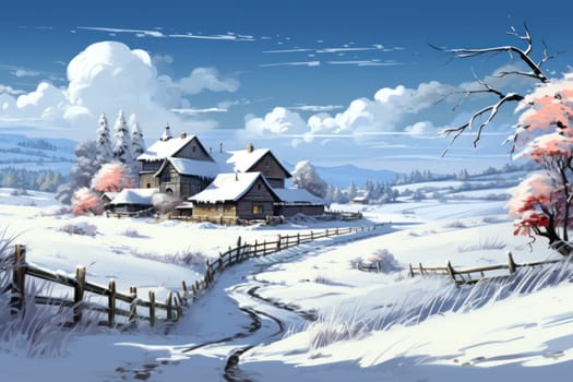 An exquisite winter composition, expertly capturing the tranquil allure of recently fallen snow draping over trees, landscapes, and architectural structures.