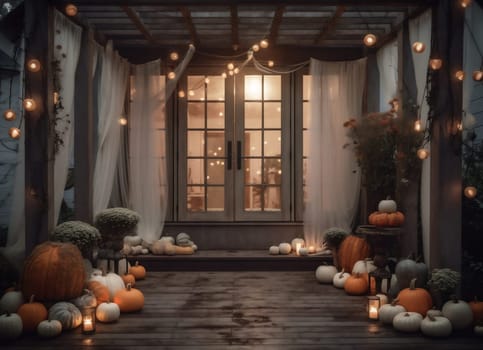 lantern wood colorful traditional holiday fall outdoor decoration flower pumpkin season halloween leaf porch door front lifestyle festive wooden house. Generative AI.