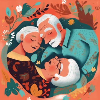 man woman cartoon bedtime grandmother retired happy grandfather person wife asleep couple love relax old rest bed character happiness together lying female. Generative AI.