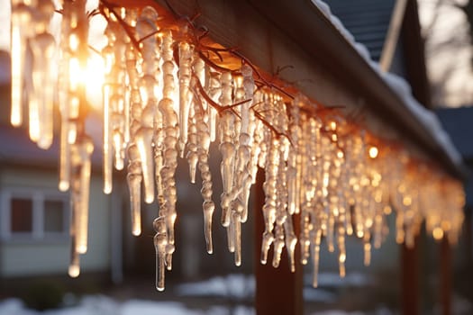 A remarkable portrayal of winter's allure, focusing on the glistening, see-through charm of icicles suspended from rooftops and tree limbs, showcasing their sparkling and crystalline elegance.