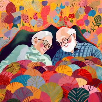 woman man cartoon together lying happy retired couple bed asleep sleep married concept male elderly old love lifestyle mature bedtime female character. Generative AI.