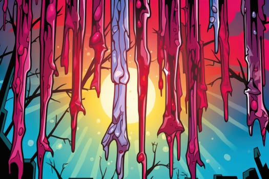 A remarkable portrayal of winter's allure, focusing on the glistening, see-through charm of icicles suspended from rooftops and tree limbs, showcasing their sparkling and crystalline elegance.