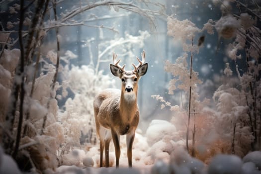 An enchanting winter tableau, showcasing the grace and resilience of wildlife, including deer, birds, and squirrels, in their natural habitats during the frosty season.