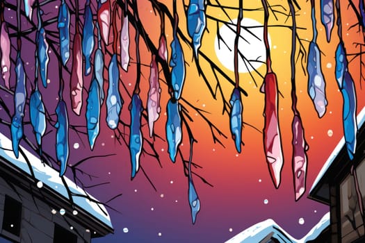 A remarkable portrayal of winter's allure, focusing on the glistening, see-through charm of icicles suspended from rooftops and tree limbs, showcasing their sparkling and crystalline elegance.