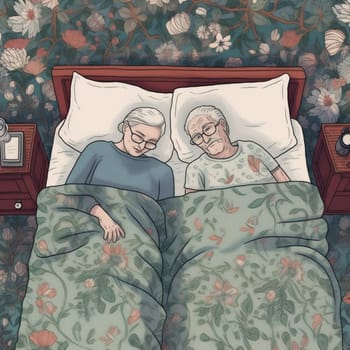 man woman love couple home retired relax happy illustration male bed old rest person asleep husband wife partner concept mature character together. Generative AI.