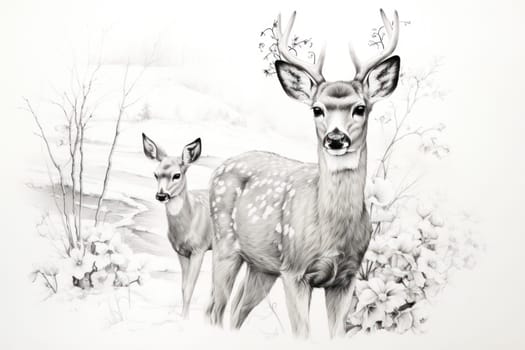 An enchanting winter tableau, showcasing the grace and resilience of wildlife, including deer, birds, and squirrels, in their natural habitats during the frosty season.