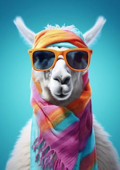 Cute stylish alpaca portrait of llama wearing glasses on blue background wearing glasses and scarf, fashion