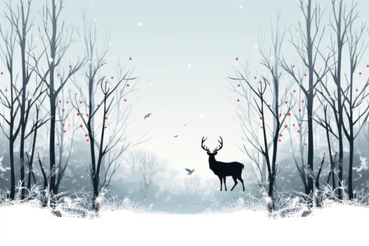 An enchanting winter tableau, showcasing the grace and resilience of wildlife, including deer, birds, and squirrels, in their natural habitats during the frosty season.