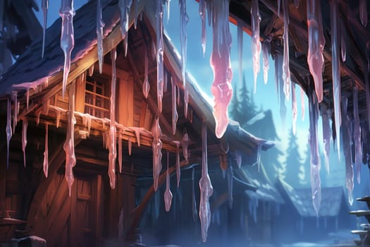 A remarkable portrayal of winter's allure, focusing on the glistening, see-through charm of icicles suspended from rooftops and tree limbs, showcasing their sparkling and crystalline elegance.