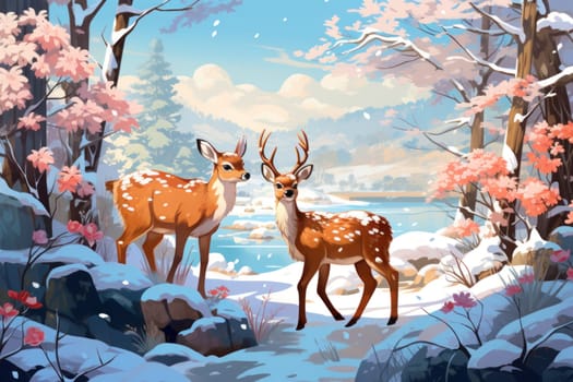 An enchanting winter tableau, showcasing the grace and resilience of wildlife, including deer, birds, and squirrels, in their natural habitats during the frosty season.