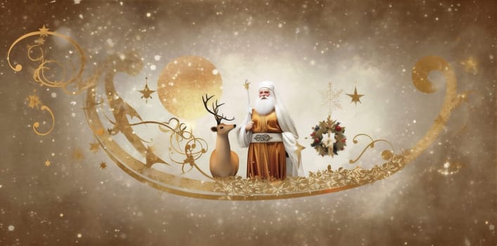 night snow scandinavian vintage reindeer new claus santa art nature sleigh banner new illustration retro year tree card north greeting christmas. Generative AI.