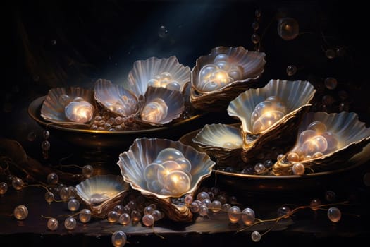 An enchanting depiction of radiant pearl oysters, tenderly nurturing exquisite pearls imbued with enigmatic properties.