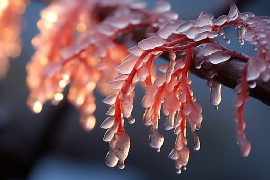 A remarkable portrayal of winter's allure, focusing on the glistening, see-through charm of icicles suspended from rooftops and tree limbs, showcasing their sparkling and crystalline elegance.