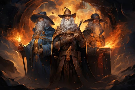 A mesmerizing portrayal of venerable and formidable wizards, exuding wisdom as they masterfully cast intricate arcane spells, wielding ancient staffs adorned with mystic runes.