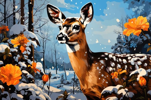 An enchanting winter tableau, showcasing the grace and resilience of wildlife, including deer, birds, and squirrels, in their natural habitats during the frosty season.