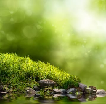 Green background with grass,water,trees and light effects