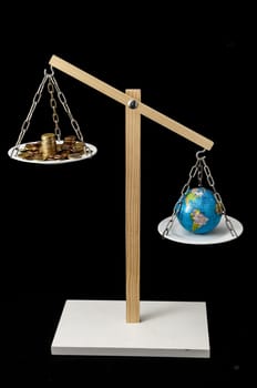Globe Planet Earth and Money on a Two Pan Balance