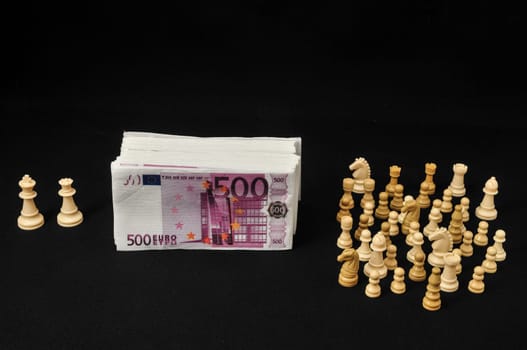 Money Strategy Concept White Chess and Currency on a Black Background