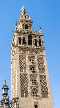View of the la Giralda tower, the belfry of the Cathedral of Sevilla, in Spain