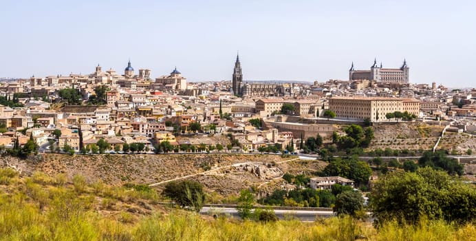 Panoramic view of the historic city of Toledo with river Tajo in Castile-La Mancha, Spain