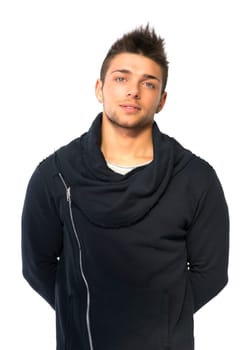 Handsome young man with black sweater on white background looking at camera