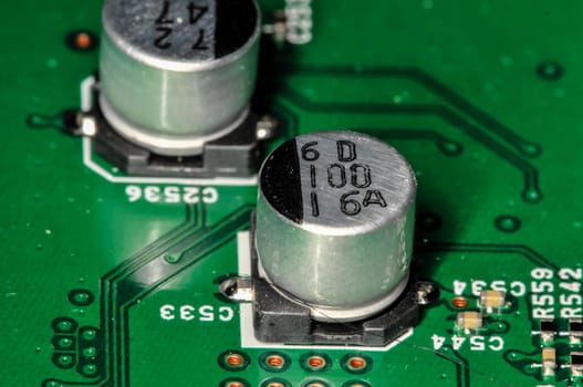Printed Green Circuit Board With Electrical Components