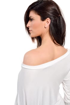 Portrait of a beautiful caucasian woman on a white background