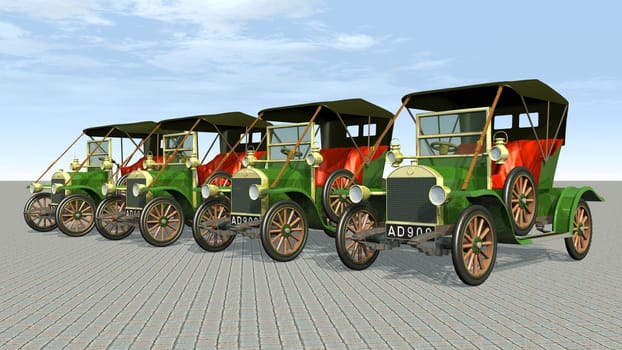 Computer-generated 3D illustration with German classic cars from the 1900s