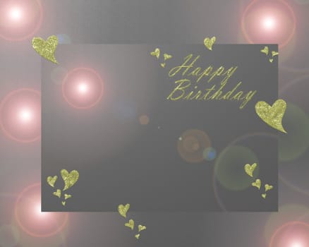 happy birthday in gold letters and gold hearts