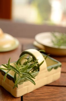 Twig of rosemary on a kitchen table