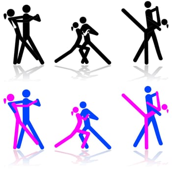 Icons of a couple in different dance poses, in black and white or blue and pink