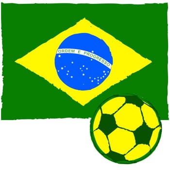 Concept illustration showing a painted Brazilian flag and a soccer ball in front of it