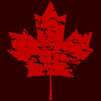 Grunge version of a Canadian maple leaf, over a dark red background