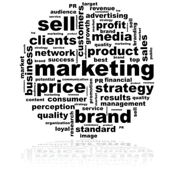 Concept illustration showing a round word cloud with ideas related to marketing