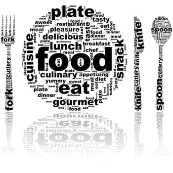 Concept illustration showing a plate and cutlery made up of food related words