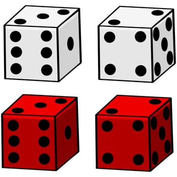 Cartoon illustration of a couple of white dice and also a couple of red ones