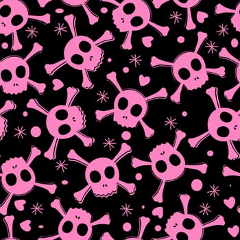 Girlish style seamless pattern with pirate skull and hearts