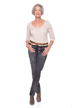 Studio recording of a middle-aged woman against a white background
