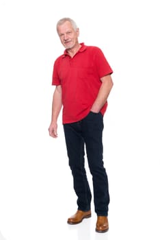 Studio recording of an active senior against a white background