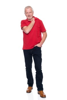 Studio recording of an active senior against a white background