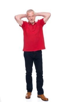 Studio recording of an active senior against a white background
