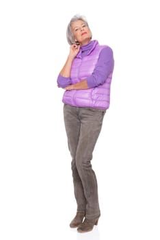 Studio recording of a middle-aged woman against a white background