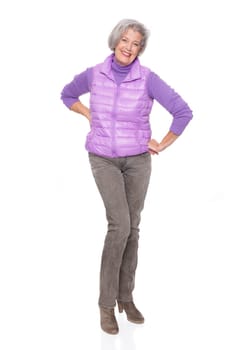 Studio recording of a middle-aged woman against a white background