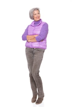 Studio recording of a middle-aged woman against a white background