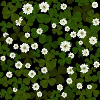 Seamless clover leaves and flowers pattern on black background at Patrick's Day